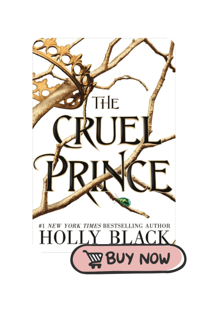 Graphic promoting a blog article titled 'The Cruel Prince Readalong.' The background features a close-up of the book cover for The Cruel Prince by Holly Black, showcasing its intricate golden branch design intertwined with the title in elegant black font. A 'Buy Now' button with a shopping cart icon is displayed below the cover.