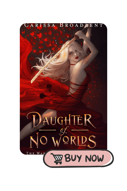 daughter of no world book cover graphic with a pink buy now button at the bottom of it