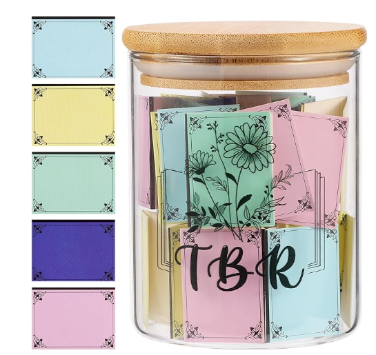 image of a jar with TBR written on it with flowers and a book. Has cards included for the jar
