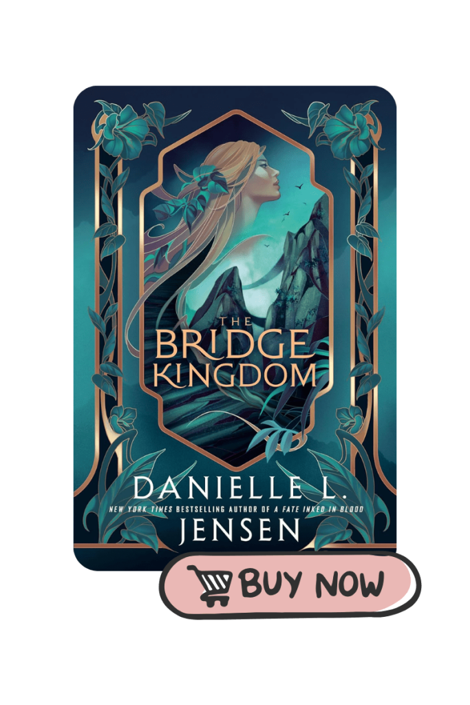 the bridge kingdom book cover with a pink buy now for Amazon button