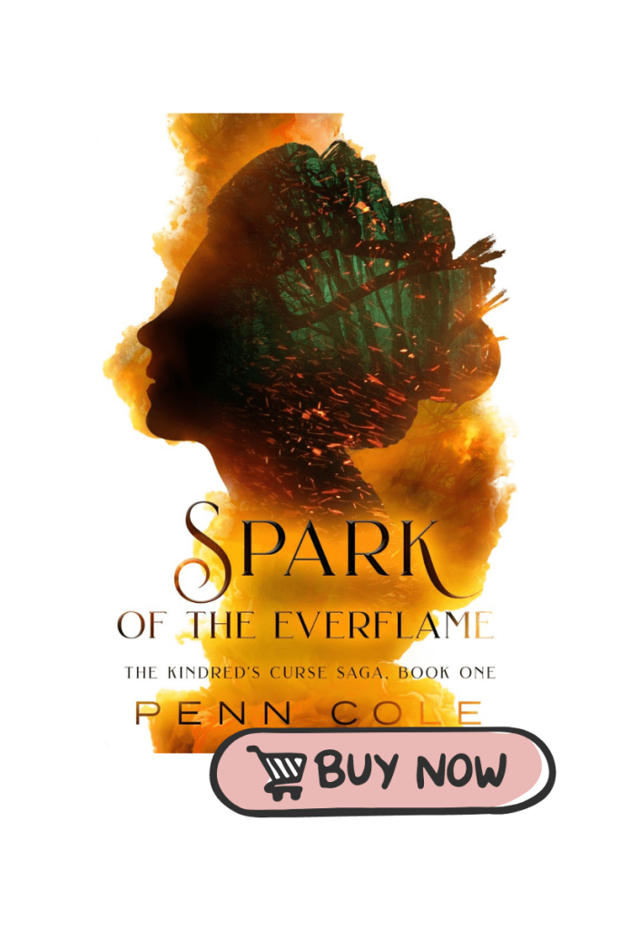 Book review graphic for 'Spark of the Everflame' by Penn Cole. The background features the book cover with flames. Underneath the image is a pink buy now button