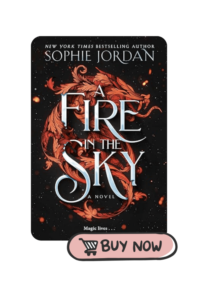 A promotional image for a book review of A fire in the sky. showcasing a vibrant orange phoenix in mid-flight, with detailed flame-like feathers set against a dark, starry sky. Bottom of image is the pink buy now button for Amazon