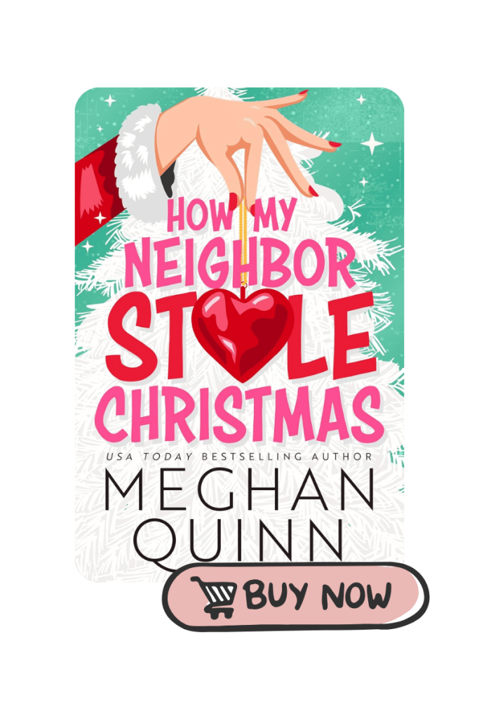 An image for a book review of How My Neighbor Stole Christmas. The background features a festive holiday design with a heart-shaped ornament hanging from a white Christmas tree, accented by vibrant red and green colors. Underneath image is a pink buy now button for amazon