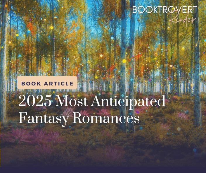 Colorful forest scene with sparkling lights floating amidst tall trees, representing a magical ambiance for the article '2025 Most Anticipated Fantasy Romances.