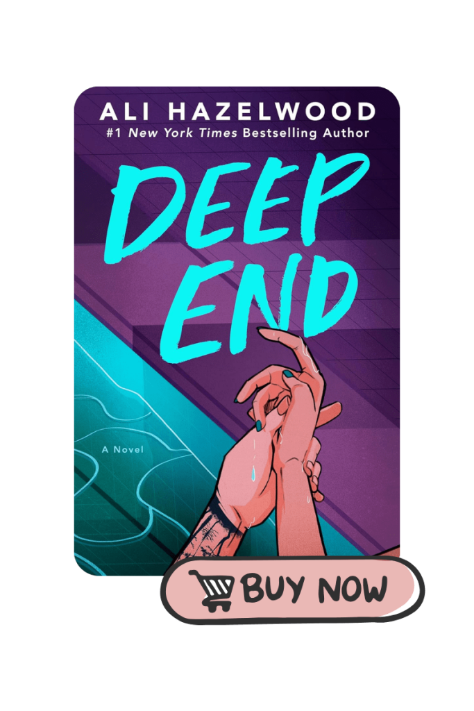 "Book review graphic for Deep End featuring bold, blue typography on a dark purple background. A hand reaches upward, adding a sense of tension. Under the book cover image is a pink buy now button