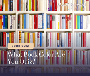 Take the 'What Book Color Are You?' quiz by Booktrovert Reader — colorful books on a white bookshelf