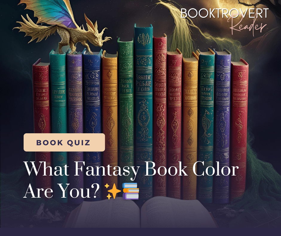Take the 'What Fantasy Book Color Are You?' quiz by Booktrovert Reader — colorful fantasy books and a dragon spark magical book personality results.