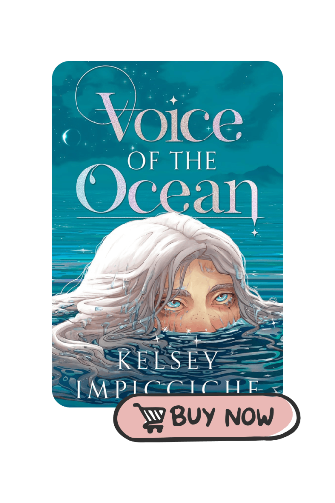 Illustrated woman with long silver hair and piercing blue eyes emerging from the ocean. Underneath the image of the book cover is a pink buy now button
