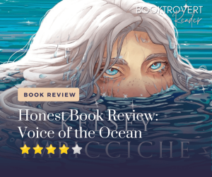 Illustrated woman with long silver hair and piercing blue eyes emerging from the ocean, promoting a 4-star fantasy book review titled 'Voice of the Ocean' by Booktrovert Reader.