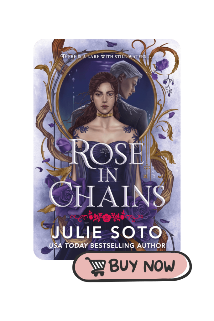 Romantasy book review graphic for Rose in Chains featuring a powerful heroine in a gold collar and a silver-haired brooding male love interest; Buy Now pink button underneath the image. fantasy romance review by Booktrovert Reader.