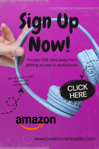 Promotional graphic with pastel blue headphones against a bright pink background encouraging readers to sign up for Amazon Audible. Text reads ‘Sign Up Now’ with a clickable call-to-action button, highlighting access to audiobooks through BooktrovertReader.com.