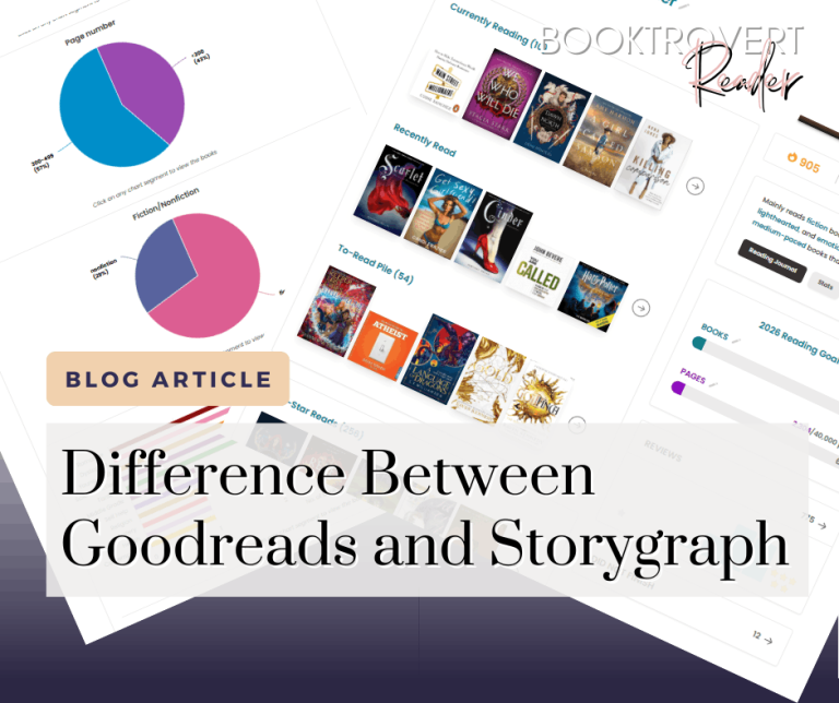 Blog article graphic titled ‘Difference Between Goodreads and StoryGraph’ by Booktrovert Reader, featuring overlapping screenshots of Goodreads and StoryGraph dashboards with reading stats, charts, and book shelves, highlighting a comparison of book tracking apps for readers.