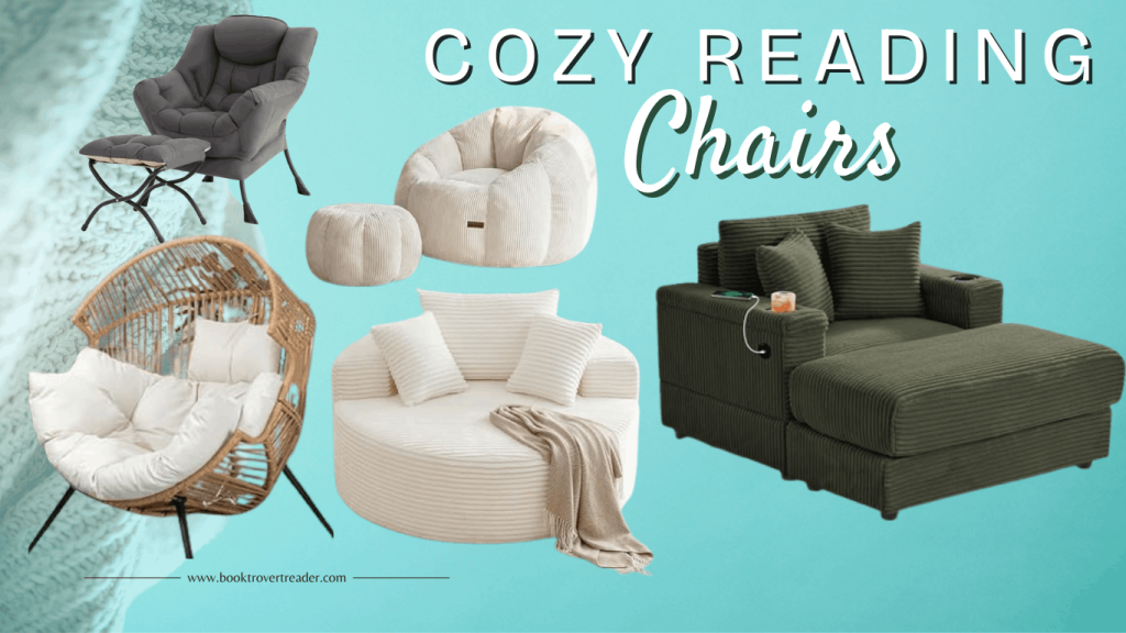 Cozy reading chairs collection featuring oversized lounge chairs, plush bean bag chairs, wicker reading chairs, and chaise lounge seating designed for comfortable reading nooks. Perfect furniture inspiration for creating a cozy reading room aesthetic for book lovers.