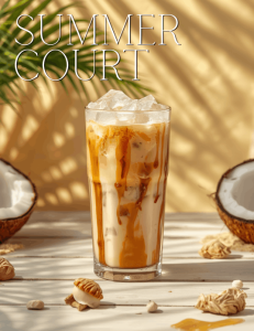 Coconut caramel iced latte with caramel drizzle in a glass, tropical sunlight and coconut accents, ACOTAR Summer Court inspired coffee drink