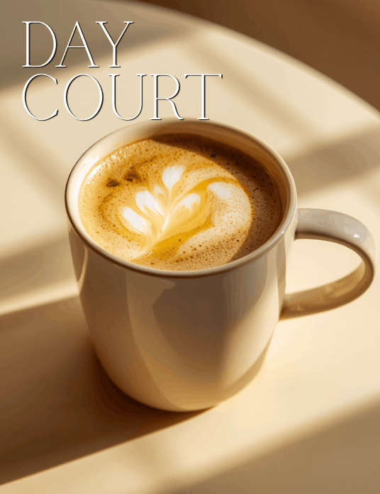 Golden honey almond latte with foam art in a ceramic mug, warm sunlight and soft shadows, ACOTAR Day Court inspired coffee drink