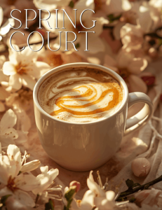 Honey vanilla latte with floral foam design in a mug, surrounded by soft blossoms, ACOTAR Spring Court inspired coffee drink