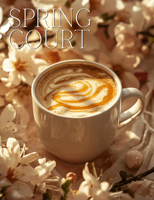 Honey vanilla latte with floral foam design in a mug, surrounded by soft blossoms, ACOTAR Spring Court inspired coffee drink