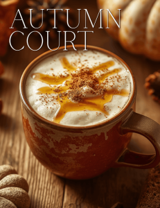 Maple spiced latte with whipped cream, cinnamon, and maple drizzle in a rustic mug, cozy fall setting, ACOTAR Autumn Court inspired coffee drink