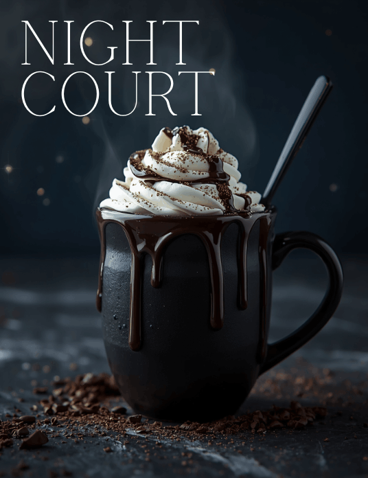 ACOTAR Night Court inspired midnight chocolate mocha in a black mug with dripping dark chocolate, topped with whipped cream and cocoa, set against a moody night sky background with soft glowing lights.