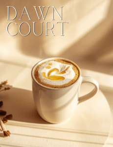White chocolate honey latte with foam and honey drizzle in a neutral mug, soft golden morning light, ACOTAR Dawn Court inspired coffee drink
