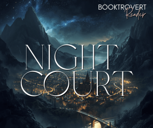 Night Court Velaris inspired fantasy city at night with glowing lights, mountains, and star-filled sky from ACOTAR aesthetic