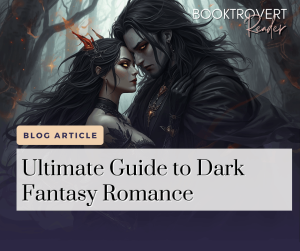 Dark fantasy romance couple in a gothic forest, moody magical atmosphere with intense enemies-to-lovers tension for blog article on ultimate guide to dark fantasy romance