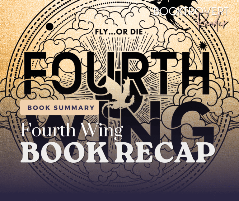 Book rrecap for 'Fourth Wing' by Booktrovert Reader. The image features the book's cover art with the title 'FOURTH WING' in bold, black letters against a gold background with cloud and star designs. A silhouette of a bird in flight is positioned in the middle of the title. The text 'Fly... or Die' is written above the title.