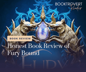 Fantasy book review graphic for Fury Bound by Sable Sorensen featuring two mirrored white wolves guarding a glowing blue crystal against a dark blue ornate background, with the title "Honest Book Review of Fury Bound."