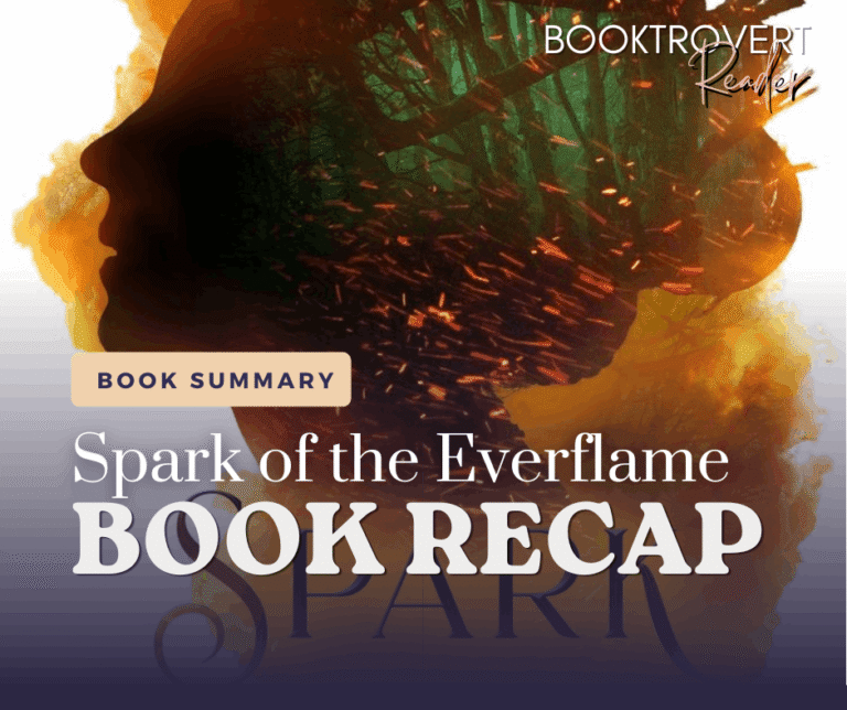 Book review graphic for 'Spark of the Everflame Book Recap' by Penn Cole. The background features the book cover with flames and the title, while the text overlay reads 'Honest Book Review: Spark of the Everflame' and shows a five-star rating. The Booktrovert Reader logo is in the top right corner.