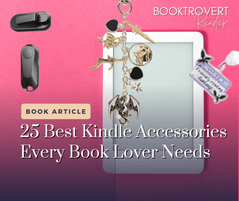 25 best Kindle accessories for book lovers featuring a Kindle, page turner, remote and fantasy bookish charms.