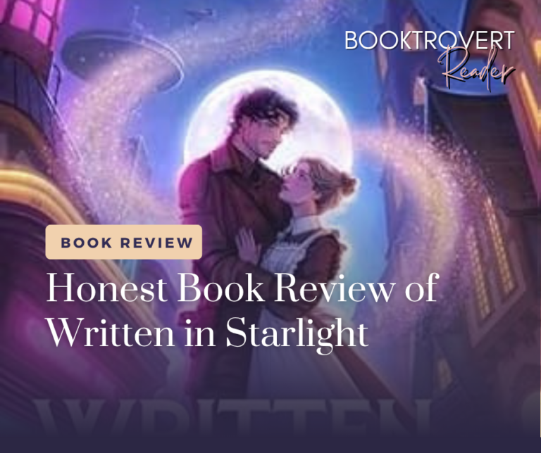 Honest book review of Written in Starlight by Sloane Brooks featuring a fantasy couple beneath a glowing moon surrounded by magical purple starlight.