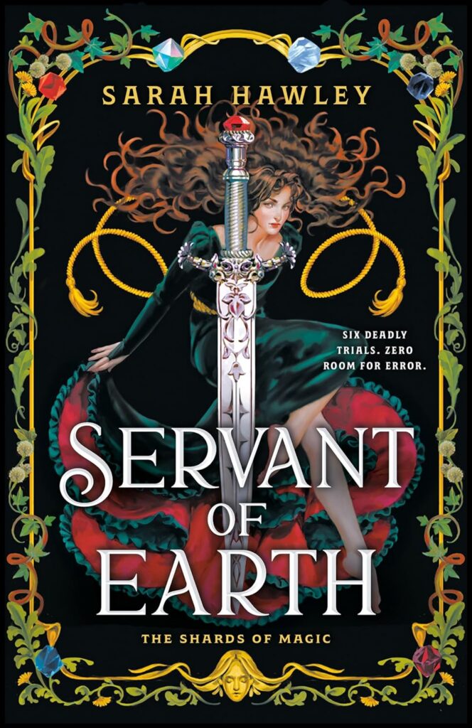 servant of earth book cover. woman dancing behind a dagger