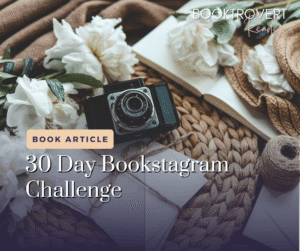 30 Day Bookstagram Challenge for romantasy and fantasy romance readers featuring an open book, vintage camera and white flowers.