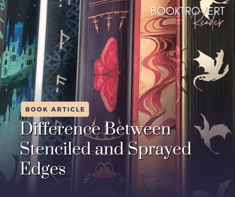 Colorful fantasy books displayed page side out with castle, butterfly, flame, and dragon designs, promoting an article explaining the difference between stenciled and sprayed book edges.