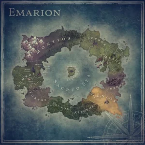 Map of Emarion from The Kindred’s Curse Saga showing the nine known realms, including Lumnos, Fortos, Faunos, Arboros, Ignios, Umbros, Meros, Sophos, and Montios, surrounding the Sacred Sea and Coeurîle.